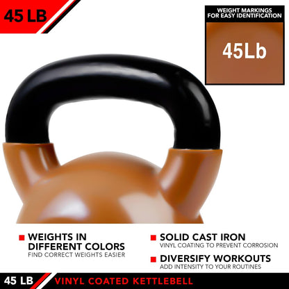 JFIT Kettlebell Weights Vinyl Coated Iron - 12 Size Options, 5lbs-50lbs - Coated for Floor and Equipment Protection, Noise Reduction, Ballistic, Core, Weight Training