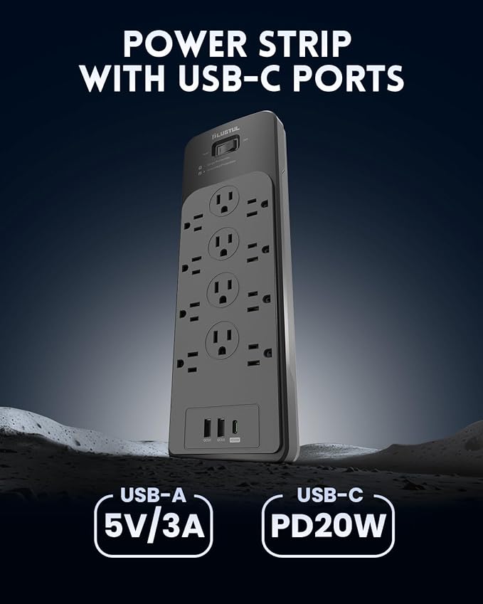 Surge Protector Power Strip 15FT(4080J), PLUGTUL Surge Protector with 12 Outlets - Spacious Design for Large Plugs, Flat Plug, 20W USB C Charging for Home, Office, ETL Listed