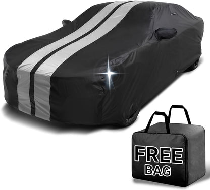 iCarCover Custom Car Cover for Chevy Sonic Hatchback (2012-2021) Waterproof All Weather Rain Snow UV Sun Protector Full Exterior Indoor Outdoor Car Cover (Stripe - Black/Gray)