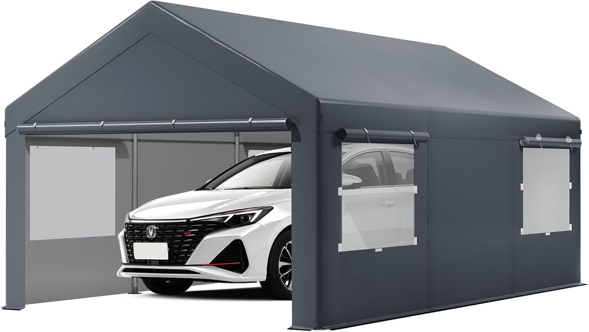 10X20 Ft Heavy Duty Carport Canopy, Portable Garage, Car Tents, Easy to Assemble, Reinforced Structure, with Hanging Edge, Applicable to Car, Bike, Boat, Party (Gray)