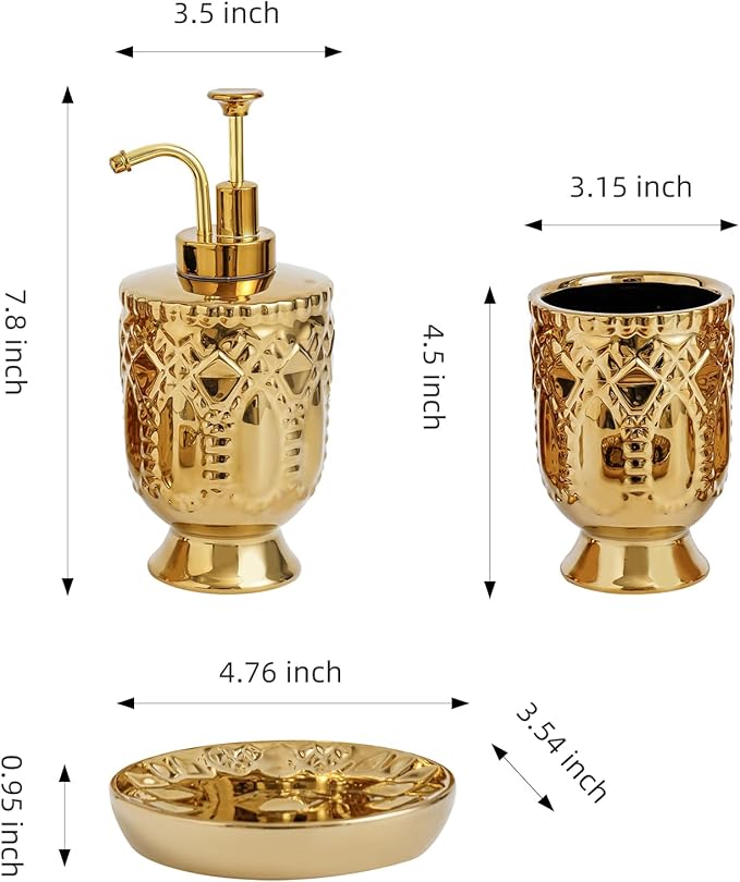 4-Piece Bathroom Accessory Set, Ceramic Bathroom Soap Dispenser Sets, Complete Gold Bath Decor Include Soap Dispenser, Toothbrush Holder, Tumblers,Soap Dish