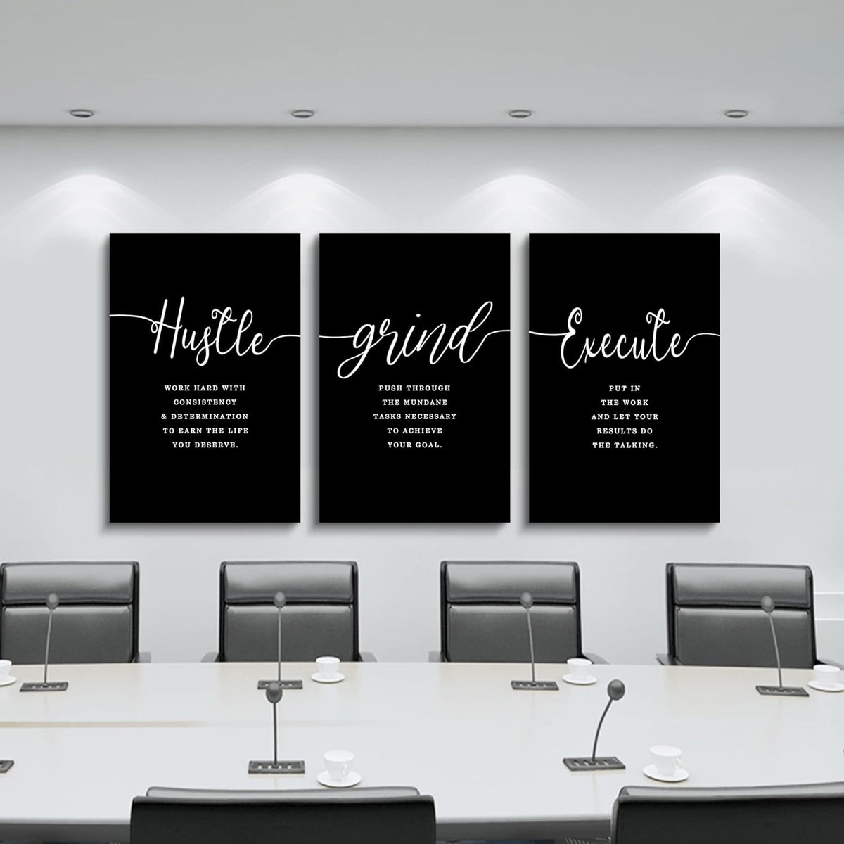 Hustle Grand Slogan Poster,Gift for Boss, Present for Father, Framed Canvas Wall Art Success Quote, Office Wall Art, Black Large Poster, Inspirational Print (F-3pcs,16x24inchx3pcs)