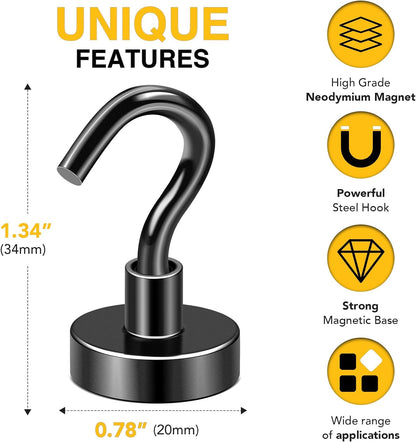 DIYMAG Black Magnetic Hooks, 50 LB Heavy Duty Magnet with Hook, 20 Packs Strong Rare Earth Neodymium Magnets for Hanging, Magnetics Hanger for Curtain, Home, Kitchen, Workplace