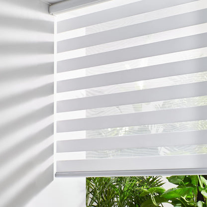Persilux Cordless Zebra Blinds for Windows Dual Layer Roller Blinds (66"W x 64"H, White) Free-Stop Roller Blinds for Sliding Doors, Light Control for Day and Night, Light Filtering Sheer Roller Shades