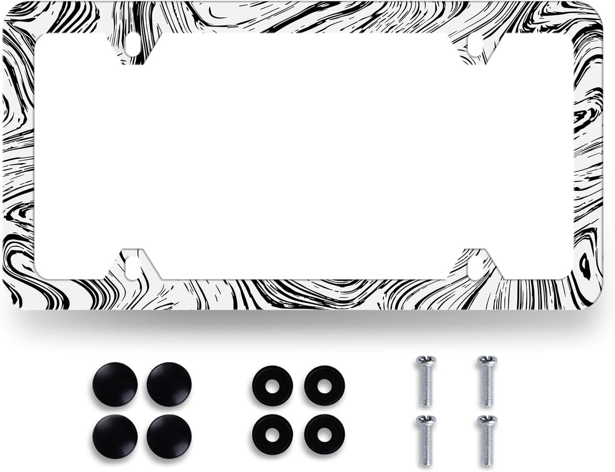 Abstract Marble Print License Plate Frame Wood Texture Marble License Plate Stainless Steel Colorful Car Accessory Funny License Plate Decoration Men Women Size 12.2"x6.2" with Screws