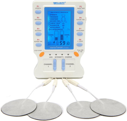 Electric Muscle Stimulator EMS & TENS - 8 Programs, 12 Adhesive Electrodes: TAMTEC Sport 2 Plus Complete Set – with: TENS, EMS, Active Recovery, IFC