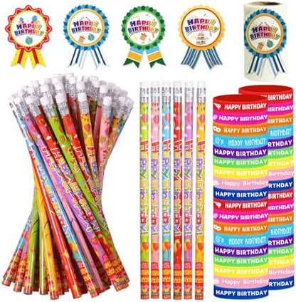 172 Pcs Birthday Pencils Set: 36 Happy Birthday Pencils, 36 Wristbands, 100 Badge Stickers for Teacher, Classroom, Party Favors