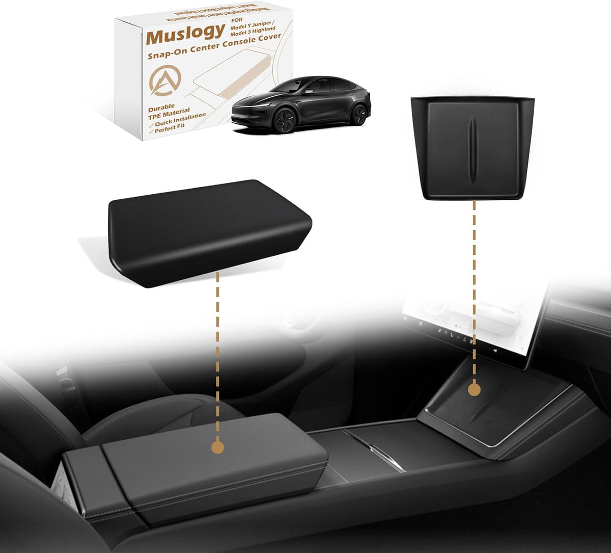 Muslogy Compatible with 2026+ Model Y Juniper Refresh Accessories Armrest Cover Protection TPE (Black) & Silicone Mat OEM Style 2PCS Set Non-Slip Waterproof