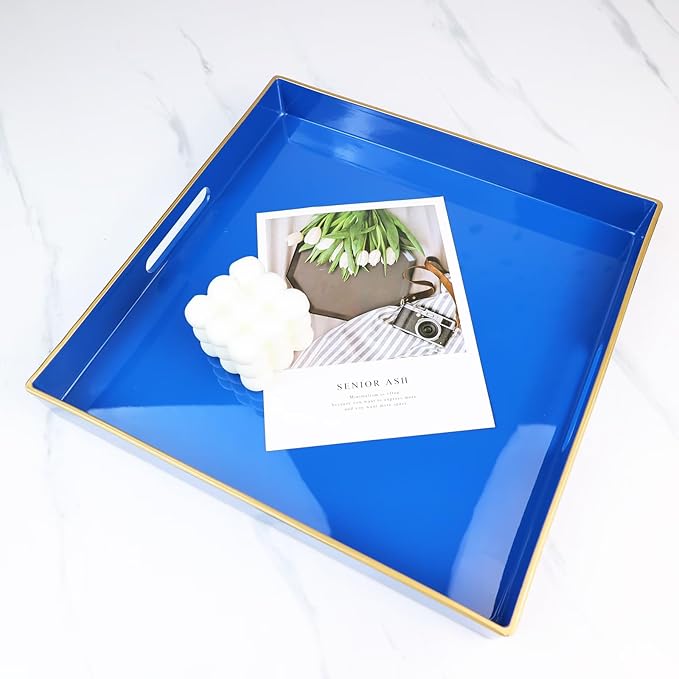 Spsyrine Blue Decorative Tray for Living Room, Square Modern Plastic Coffee Serving Table Tray for Ottoman Bathroom Kitchen,13"*13"