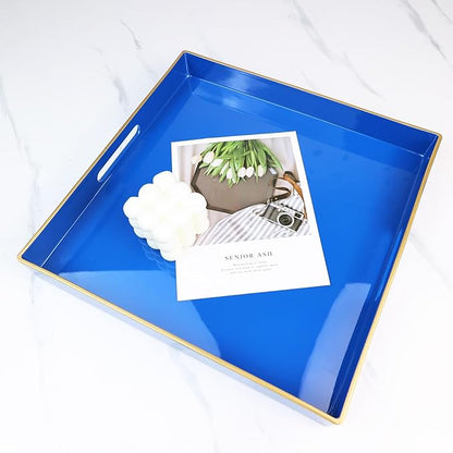 Spsyrine Blue Decorative Tray for Living Room, Square Modern Plastic Coffee Serving Table Tray for Ottoman Bathroom Kitchen,13"*13"