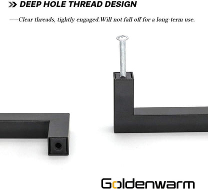 goldenwarm 200 Pack 5 Inch Black Cabinet Handles - Matte Black Drawer Pulls Stainless Steel - 128mm Cabinet Hardware Square Bar Modern Cabinet Pulls for Kitchen Bathroom Cupboard