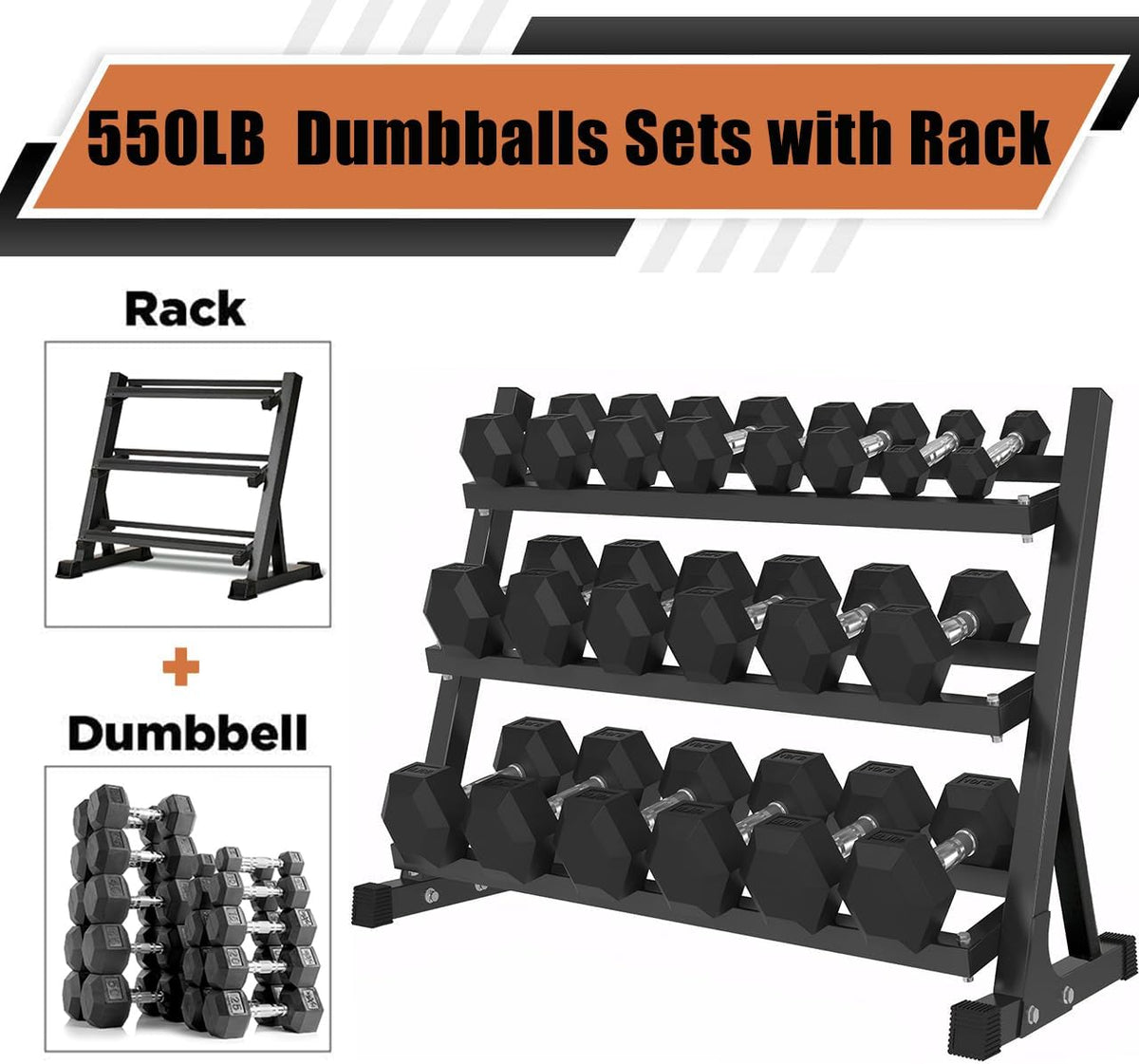 Ritafer 350-550 lbs Hex Weight Dumbbell Set with Rack 5-50 lbs Hand Weights for Strength Training for Home Gyms Rubber Iron Coated Dumbbells Exercise & Fitness Equipment to Training Strength Muscle