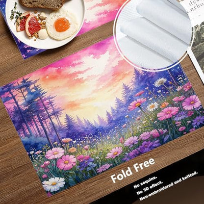 Batmerry Forest Flowers Sunset Linen Placemats Set of 8, Beautiful Forest Sunset Scene Washable Table Mats for Kitchen Table Thickened Heat Insulation Dining Set Indoor Outdoor 12X18 in