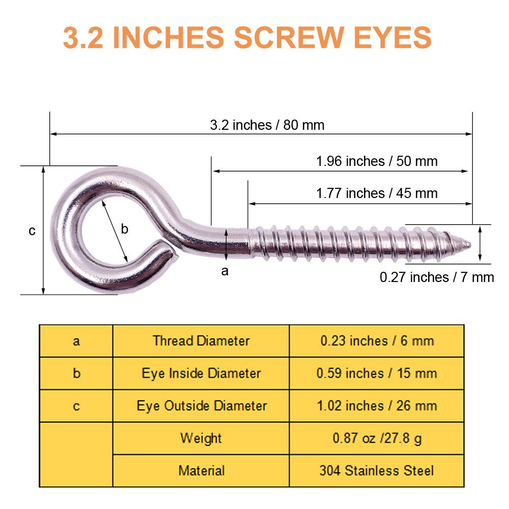 24 Pack, 3-1/5 Inch 304 Stainless Steel Eye Shape Screws Metal Hook, Heavy Duty Hanging Hooks Eyelet Screws Bolt for Yoga & Brazilian Hammocks, Swing Chair, M6 Screw (Style B)