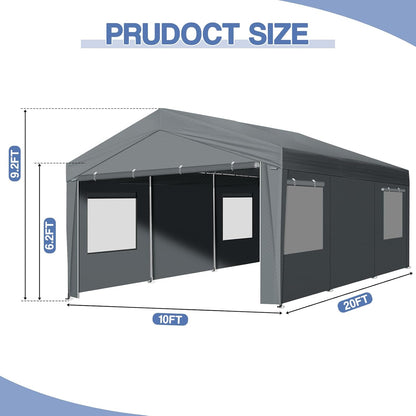 VINGLI 10x20 Carport Canopy Portable Garage with Roll-up Windows & Removable Sidewalls, Car Canopy Heavy Duty Car Tent for SUV, Boats, RVs, Trucks