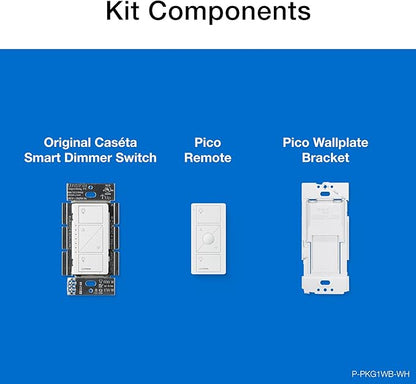 Lutron Caseta 3 Way Smart Dimmer Light Switch Kit, Includes Pico Remote, Bracket, and LED Dimmer Switch, No Neutral Required, P-PKG1WB-WH