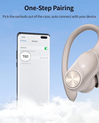 PocBuds Bluetooth Headphones Wireless Earbuds 80hrs Playtime Wireless Charging Case Digital Display Sport Ear Buds with Earhook Deep Bass IPX7 Waterproof Over-Ear Earphones for Phone Laptop Beige