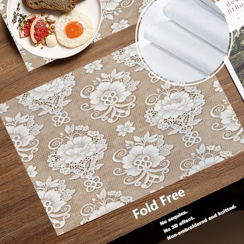 Batmerry Floral Placemats, Template White Lace Background Washable Linen Table Mats for Kitchen Table Double Insulation Decor Dining Set Indoor Outdoor 12X18 in Set of 6