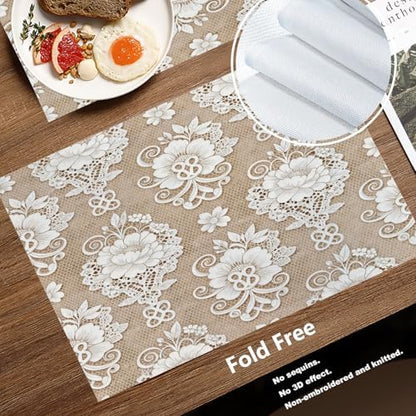 Batmerry Floral Placemats, Template White Lace Background Washable Linen Table Mats for Kitchen Table Double Insulation Decor Dining Set Indoor Outdoor 12X18 in Set of 6