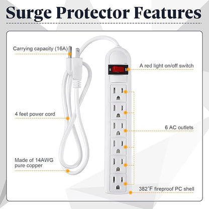 Hoteam 10 Pcs Power Strip Bulk 6 Outlet Surge Protector Power Cord Electrical Extension Cord with Switch Low Profile Plug Flat for Home Office(4 ft,White)