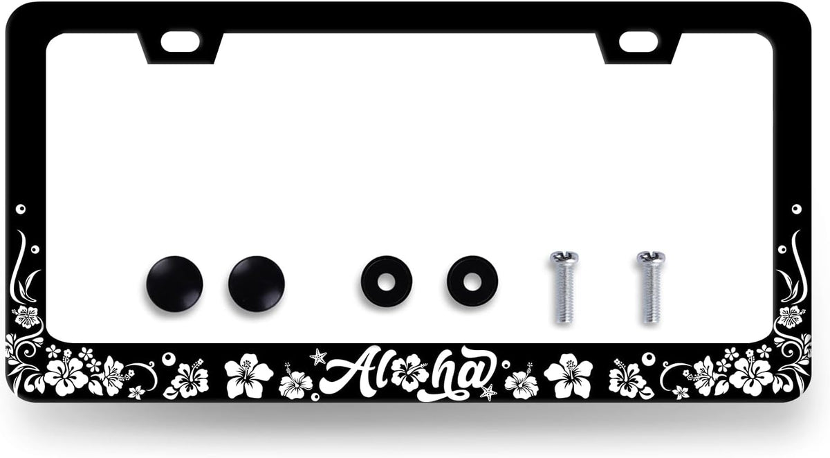 Aloha License Plate Frame Hibiscus Flowers License Plate Holder Stainless Steel Funny Design with 2 Holes and Screws 12.3" x 6.3"
