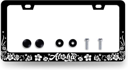 Aloha License Plate Frame Hibiscus Flowers License Plate Holder Stainless Steel Funny Design with 2 Holes and Screws 12.3" x 6.3"