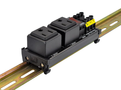DIN Rail Mount AC 120V NEMA 5-15R Double Receptacles Outlet Power Strip Module, with Rocker Switch Thermal Circuit Breaker Overload Protector