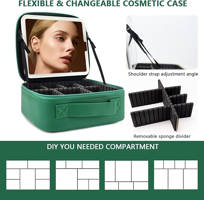 Travel Makeup Bag,with Mirror 3 Color Setting and Detachable 10x Magnifying Mirror Travel Makeup Bag,Portable Storage and Adjustable Dividers（Dark green）