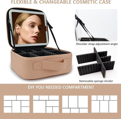Travel Makeup Bag for Women and Makeup Artists Cosmetic Organizer Large Makeup Case,Travel Makeup Bag with Mirror 3 Color Setting,Portable Storage and Adjustable Dividers(khaki)