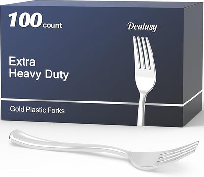 100 Count Heavy Duty Silver Plastic Forks Disposable, BPA-Free, Heat Resistant, Solid and Durable Premium Plastic Disposable Forks for Party Supply