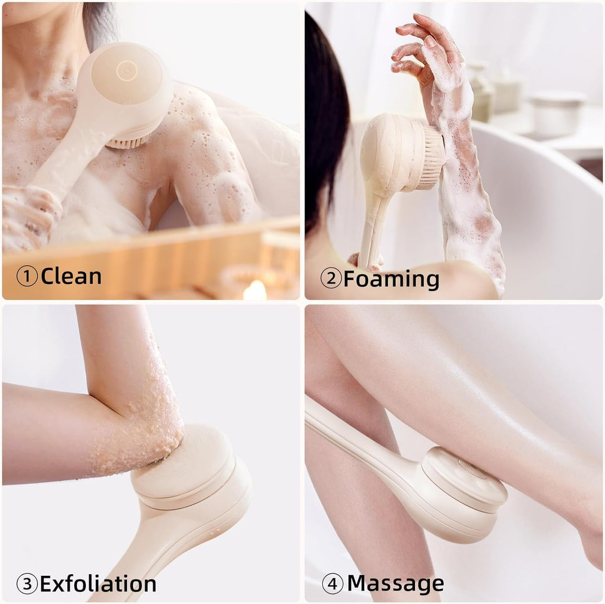 Electric Body Brush Back Scrubber for Shower, Waterproof Long Dual Handle Power Body Scrubber with 3 Heads, Rechargeable Bath Brush & 2 Speeds, for Cleansing, Exfoliating and Massaging Skin