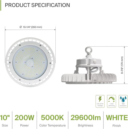 ASD LED High Bay UFO Light Fixture, Commercial Shop Lighting | Dimmable, IP69K Waterproof, DLC Premium, UL Listed | 200W 29600LM 5000K 100-277V | Warehouse, Garage, Workshop, Barn Lamp | White