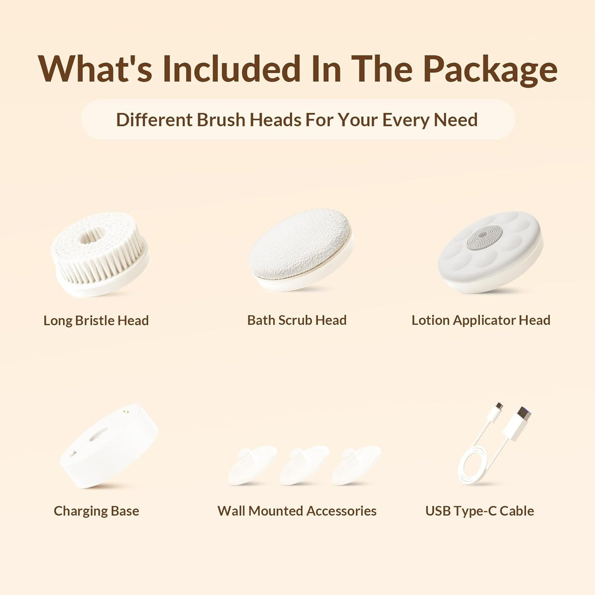 Electric Body Brush Back Scrubber for Shower, Waterproof Long Dual Handle Power Body Scrubber with 3 Heads, Rechargeable Bath Brush & 2 Speeds, for Cleansing, Exfoliating and Massaging Skin