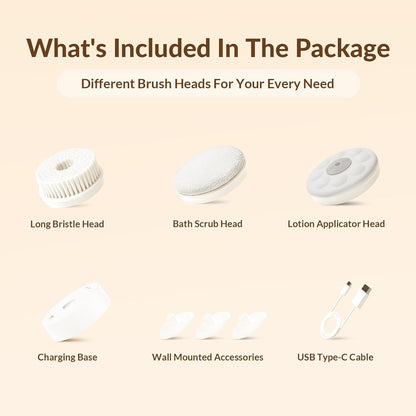 Electric Body Brush Back Scrubber for Shower, Waterproof Long Dual Handle Power Body Scrubber with 3 Heads, Rechargeable Bath Brush & 2 Speeds, for Cleansing, Exfoliating and Massaging Skin