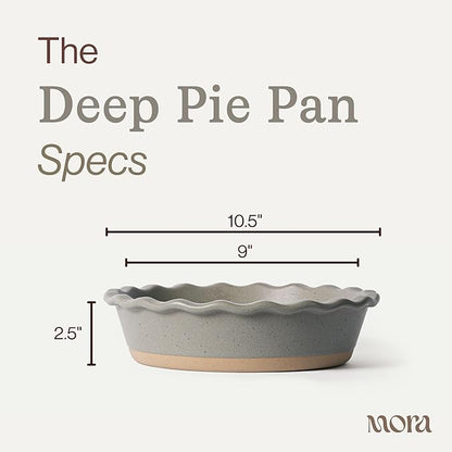 MORA Ceramic Pie Pan for Baking - 9 inch - Deep and Fluted Pie Dish for Old Fashion Apple Pie, Quiche, Pot Pies, Tart, etc - Modern Farmhouse Style Porcelain Ceramic Pie Plate - Peppercorn