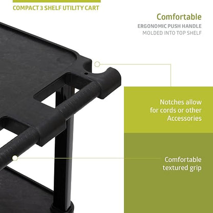 Pearington 3-Tier Compact Multi-Purpose Plastic Utility Cart with Lockable Wheels up to 300LBS, Black