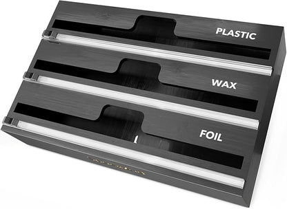 SpaceAid WrapNeat 3 in 1 Wrap Organizer with Cutter and Labels, Plastic Wrap, Aluminum Foil and Wax Bamboo Dispenser for Kitchen Storage Organization Holder for 12" Roll (Black)