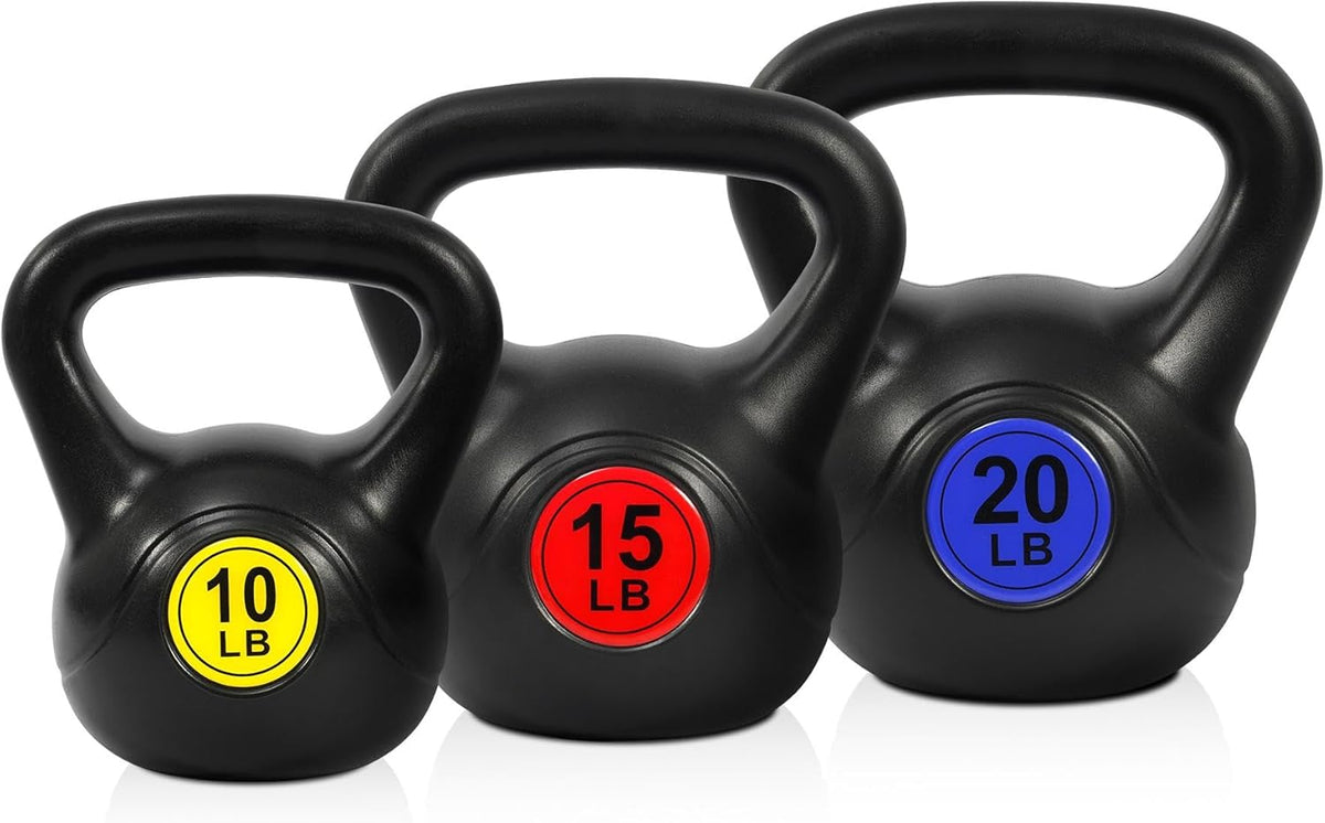 Fitvids Wide Grip 3-Piece or 4-Piece Kettlebell Exercise Fitness Weight Set, Include 5 lbs, 10 lbs, 15 lbs and 20 lbs, Set of 3 or Set of 4