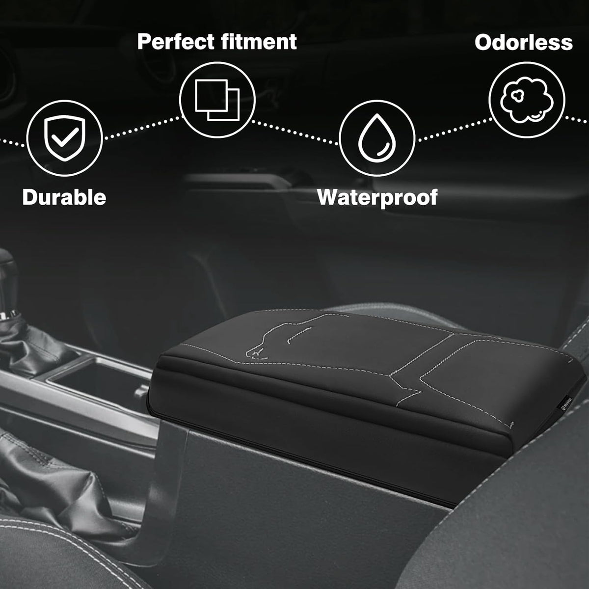 Muslogy Center Console Armrest Cover Compatible with 2024+ Toyota Tacoma 2025+ 4Runner Accessories Armrest Lid Protector Vegan Leather Cushion 1-Inch Extra Thick(Black/Gray Stitching)