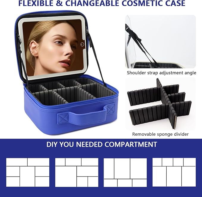 Travel Makeup Bag for Makeup Artists Large Makeup Case,with Mirror 3 Color Setting and Detachable 10x Magnifying Mirror Travel Makeup Bag,Portable Storage and Adjustable Dividers-dark blue