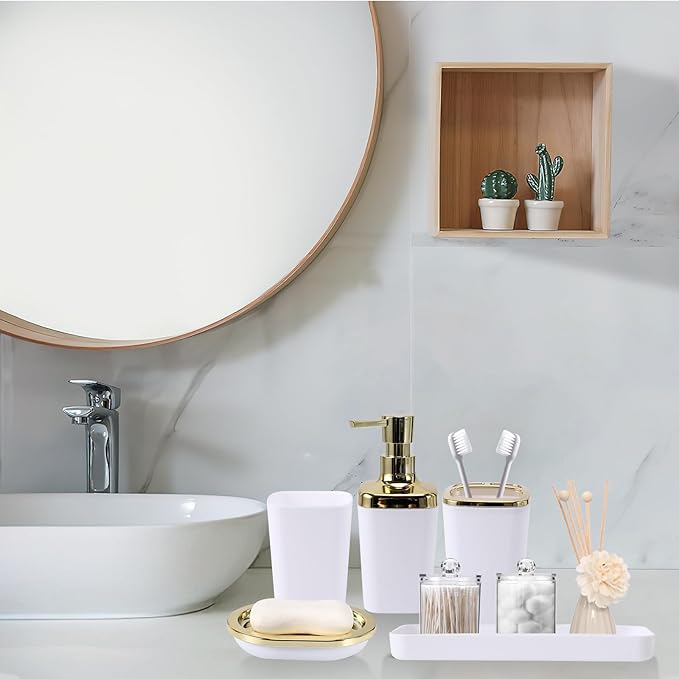 White Bathroom Accessories, 24 Pieces White Bathroom Accessories Set with Shower Curtain, Bath Towels, Trash Can, Soap Dispenser and Soap Dish for Bathroom/Housewarming