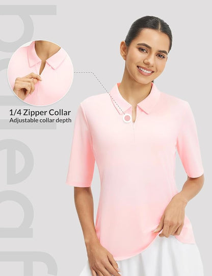 baleaf Womens Golf Shirts Half Sleeve Elbow Length Polo Tops | Stretch, Sun Protection UPF 50+, Quick Dry, Breathable, Moisture Wicking, Quarter Zip V Neck, Ideal for Golf Work Casual