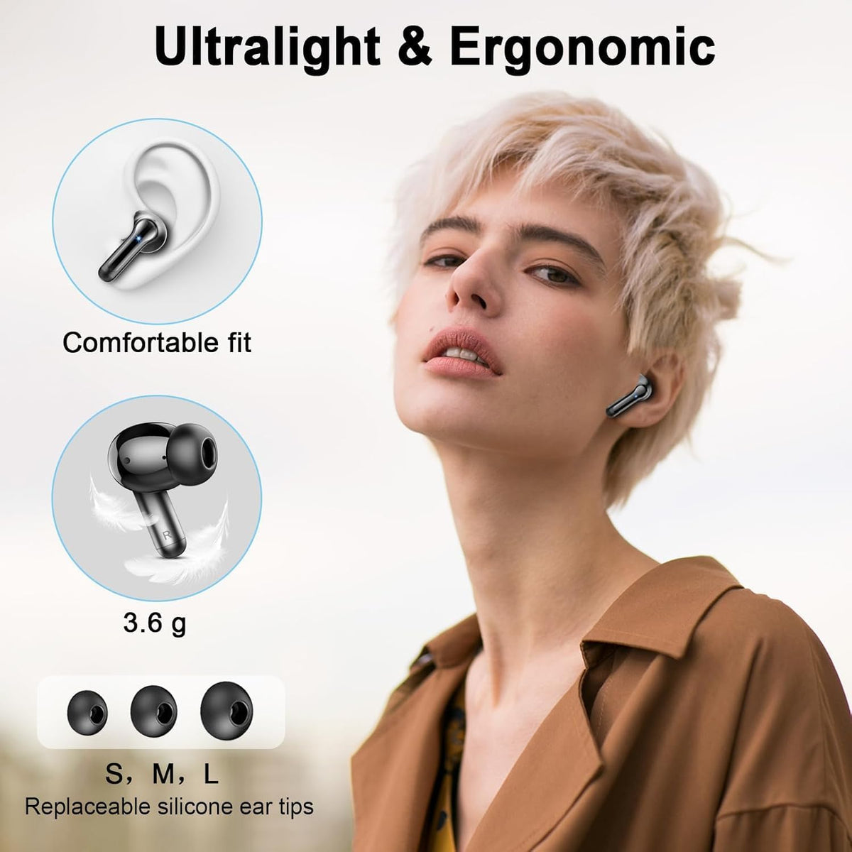 Wireless Earbuds, 2025 Bluetooth 5.4 Headphone 3D Bass Hi-Fi Stereo Ear Buds, 4 ENC Noise Cancelling Mic, 40H 3g USB-C in-Ear Earphone, IP7 Waterproof Workout Sport for Laptop Pad Android iOS, Black