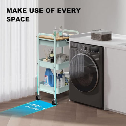 3 Tier Rolling Cart, Utility Cart with Drawer and Table Top, Metal Rolling Kitchen Storage Organizer Cart with Handle and Locking Wheels for Bathroom Office Balcony Living Room