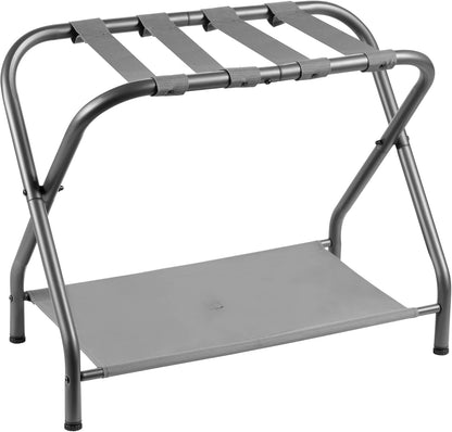Heybly Luggage Rack, Steel Folding Suitcase Stand with Storage Shelf for Bedroom, Hotel, Foldable Steel Frame, Guest Room Bedroom Hotel, 22.8" L x 11.8" W x 20.9" H, Gray HLR004G1