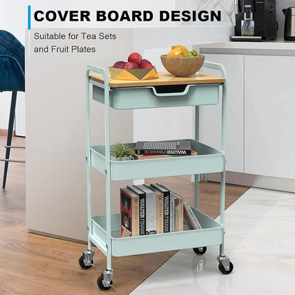 3 Tier Rolling Cart, Utility Cart with Drawer and Table Top, Metal Rolling Kitchen Storage Organizer Cart with Handle and Locking Wheels for Bathroom Office Balcony Living Room