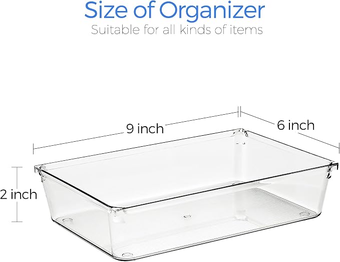 Ravinte 6 Pack Drawer Organizer - 6" X 9" Plastic Storage Bins, Acrylic Organizers with Non-Slip Pads Clear Desk Storage Tray for Makeup, Jewelries, Kitchen Utensils, Bathroom and Office