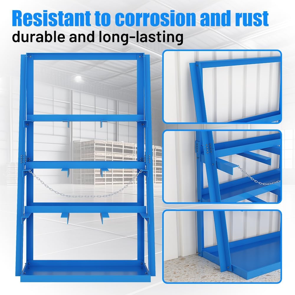 Yeeoy Steel Vertical Bar Rack, Lumber Storage Rack with Safety Chain, Heavy Duty Long Parts Storage Rack, Pipe Organizer Shelf for Garage Workshop Factory, 3000 LB Capacity, Blue
