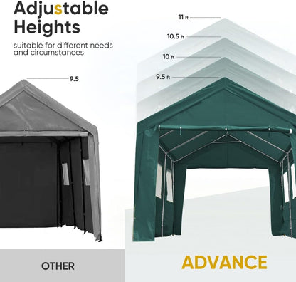 ADVANCE OUTDOOR 10x20 ft Adjustable Height Carport with Removable Window Sidewalls and Doors, Heavy Duty Car Canopy Garage Party Tent Boat Shelter with Reinforced Poles, Green