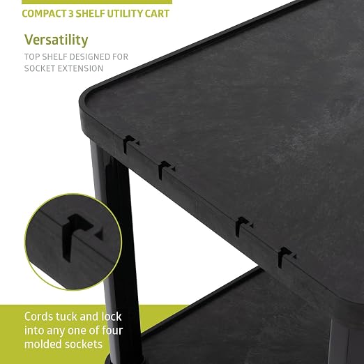 Pearington 3-Tier Compact Multi-Purpose Plastic Utility Cart with Lockable Wheels up to 300LBS, Black